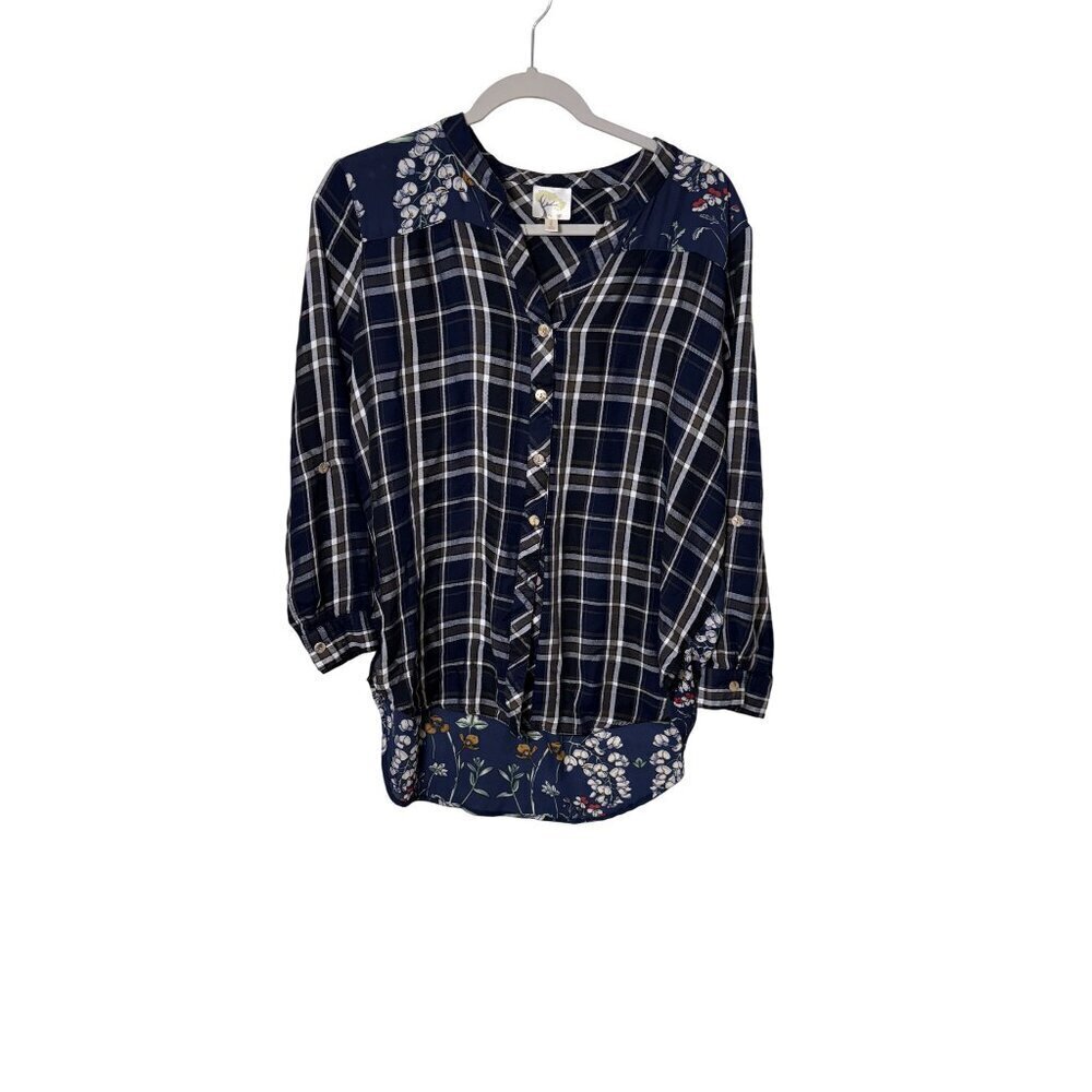 Anthropologie Fig And Flower Womens Plaid & Floral Button-Down Blouse size large